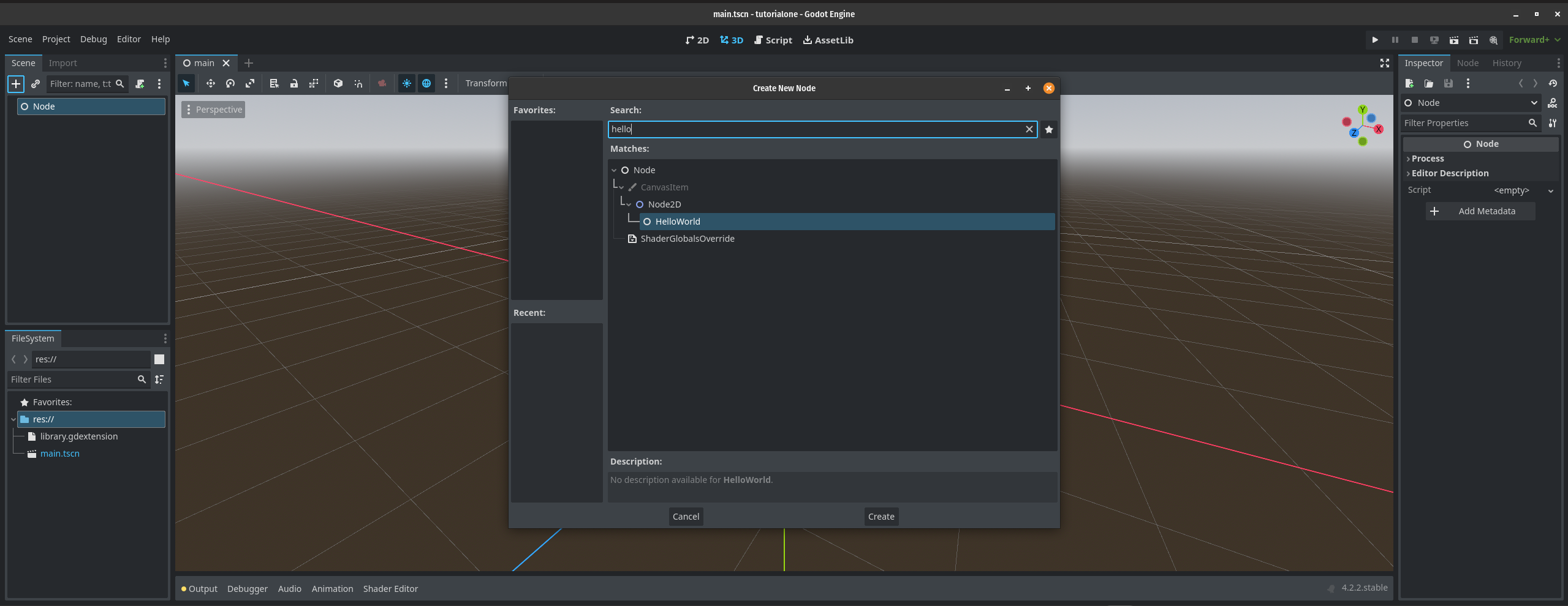 Find hello world in the create node menu using the scene tree